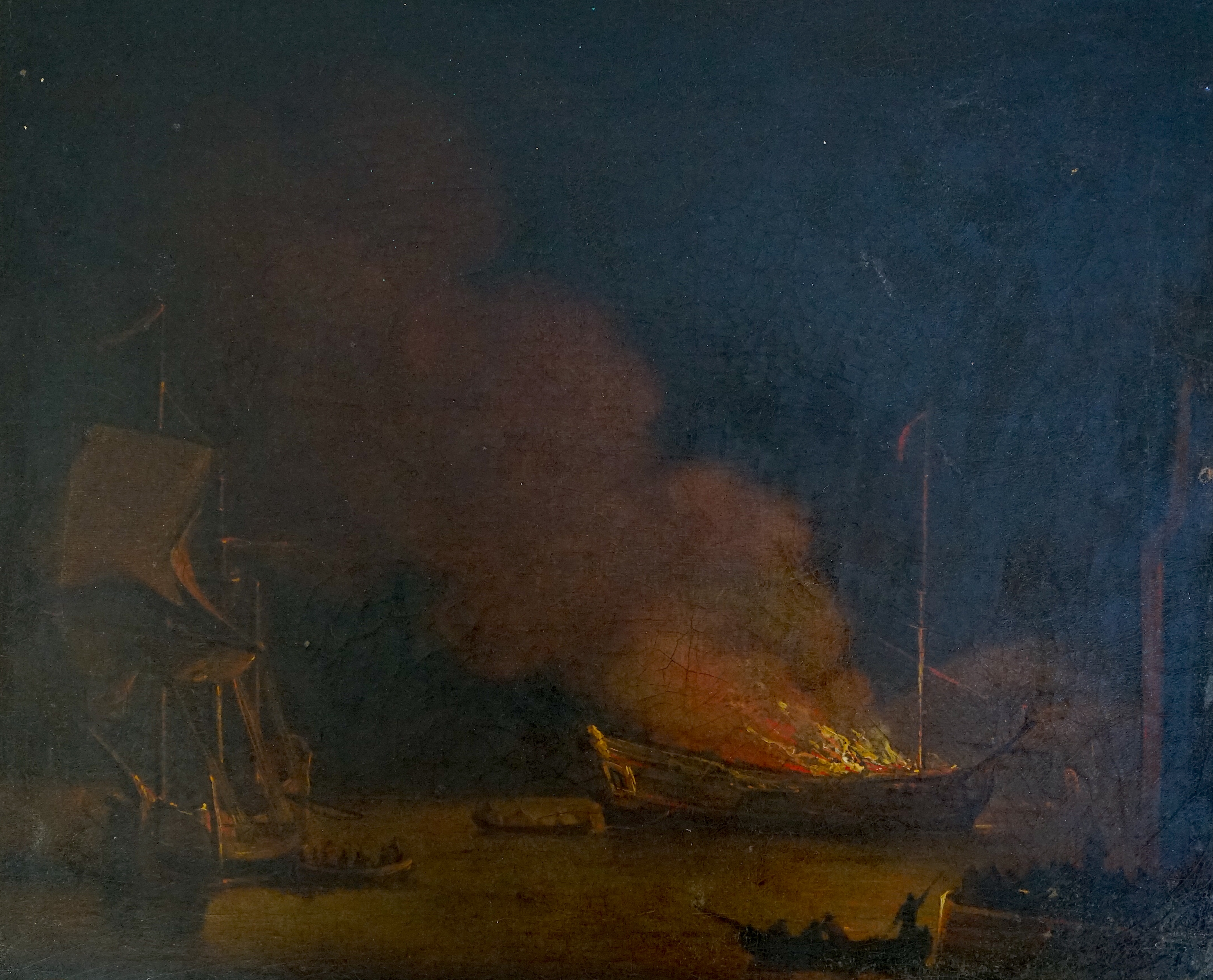 Circle of Thomas Luny (British, 1759-1837), A burning ship at night, oil on canvas, 24 x 29cm